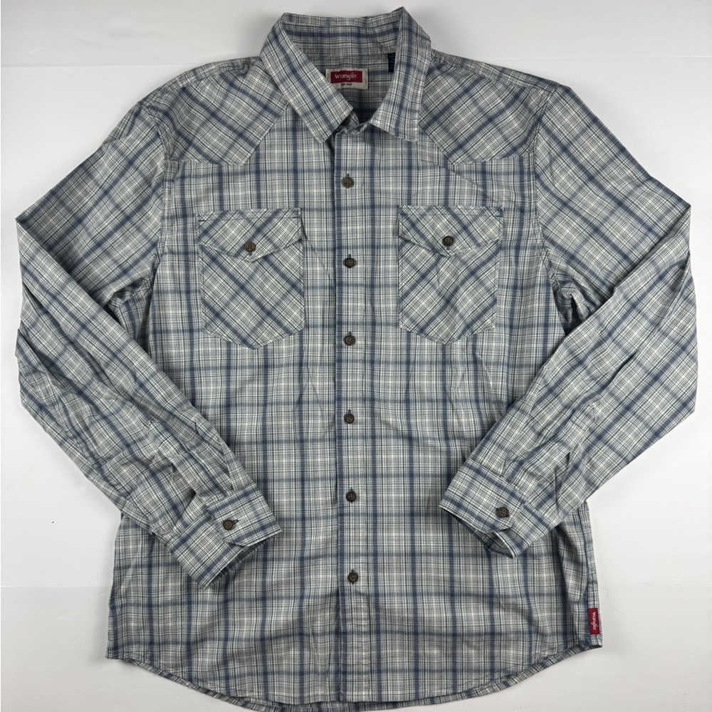 Men’s Wrangler Western Blue Plaid long sleeve button up shirt size large